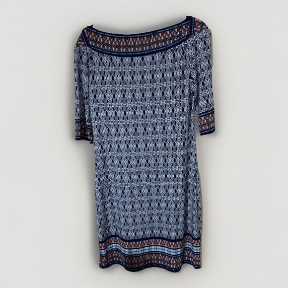 MAX STUDIO Mixed Print Sheath Dress L Blue Stretch Travel Knit - Picture 7 of 11